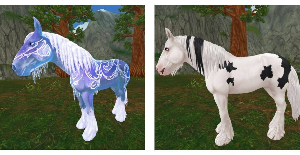 image issue du jeu Star Stable Online montrant les 2 robes du cheval magique connu sous le nom de Vetle.