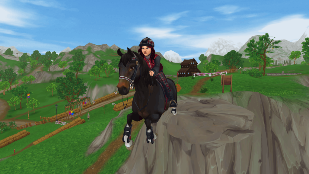 image tirée du jeu Star Stable Online où l'on voit le personnage jouable sauter par dessus un précipice avec son cheval.